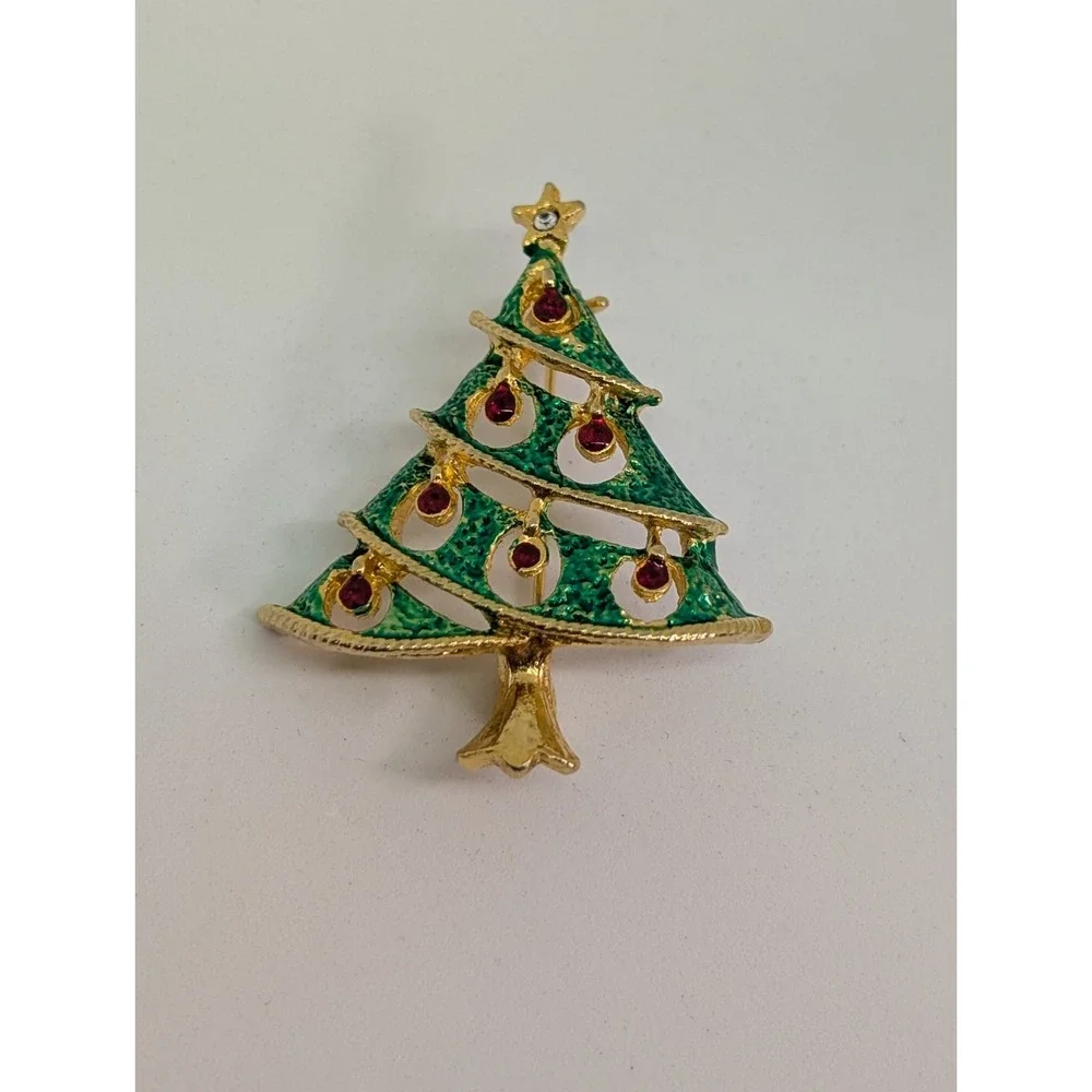 Vintage‎ Christmas Tree Gold-Tone Red Drop Rhinestone Brooch Pin